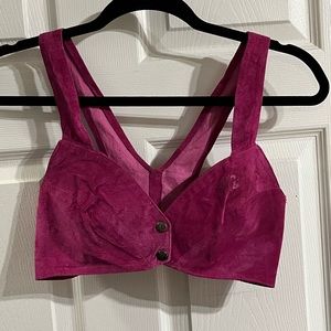 Vintage Firenze Santa Barbara suede leather fuchsia pink halter crop top